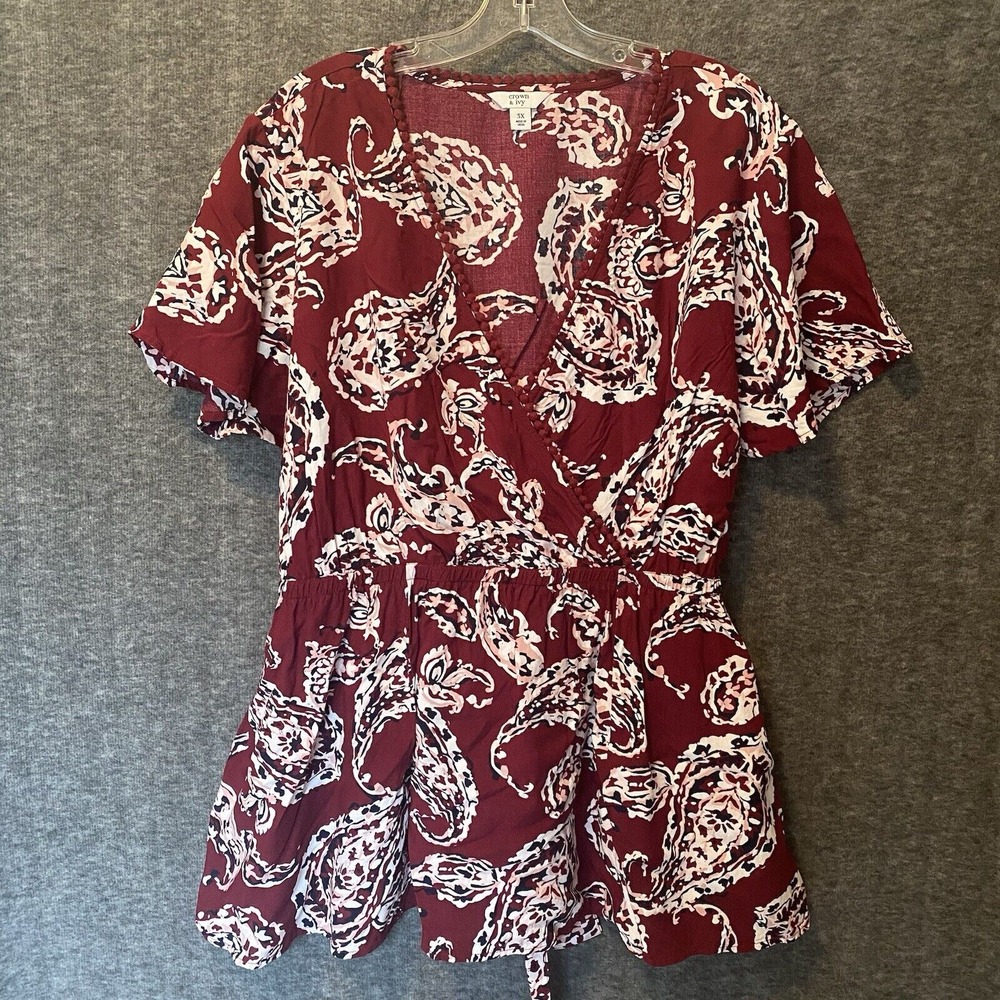 Crown & Ivy Top Womens 3X Red Paisley Wrap Tie Waist Rayon‎ Blouse Ladies